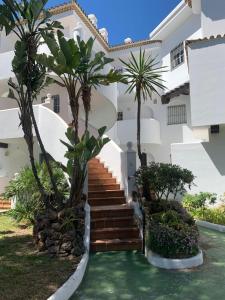 eine Treppe vor einem weißen Gebäude mit Palmen in der Unterkunft La Barrosa in Novo Sancti Petri