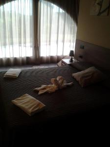 ein Zimmer mit 2 Betten mit Handtüchern und einem ausgestopften Tier darauf in der Unterkunft Agrialloggi La Palazzina in Curtarolo