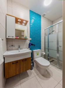 ein Bad mit einem WC, einem Waschbecken und einer Dusche in der Unterkunft ROYAL TAKSIM SUITES in Istanbul