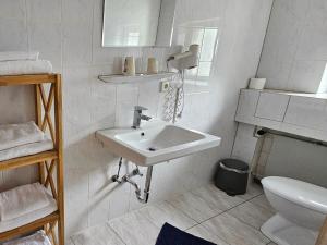 a white bathroom with a sink and a toilet at Hotel Hirsch Günzburg in Günzburg