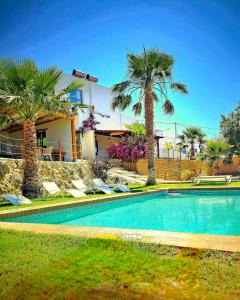 una piscina frente a una casa con palmeras en B&B La Nava Suites, en Mojácar