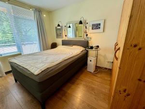 een slaapkamer met een bed in een kamer met een raam bij Bonn: Rhein und Zentrum vor der Türe in Bonn