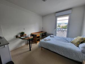 聖艾蒂安的住宿－NEORESID RESIDENCE TREFILERIE，一间卧室配有一张床、一张书桌和一个窗户。