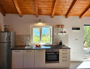 uma cozinha com um frigorífico, um lavatório e uma janela em Vineyard House & Olive Grove House em Racisce