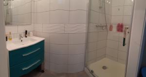 a bathroom with a shower and a sink at Maison de ville, Piscine, Jacuzzi et jardin privé in Bayonne +6 photos