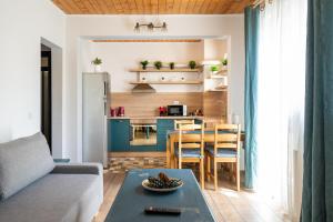 a living room with a couch and a kitchen at Dinvis Apartments in Poiana Brasov