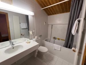a bathroom with a sink and a toilet and a tub at Hôtel Magrappé in Veysonnaz +37 photos