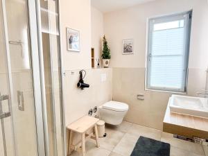 a bathroom with a toilet and a sink at Großzügige Whg. mit verglaster Veranda, geschützter Terrasse in Kühlungsborn +17 photos