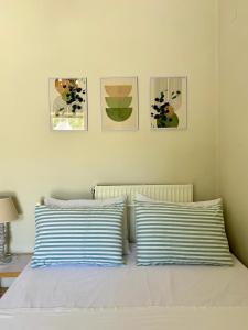 a bed with two blue and white pillows on it at Lily's studio in Vathí