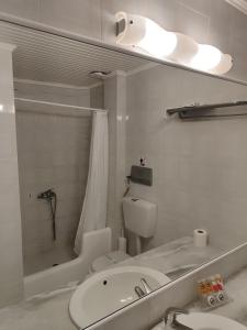 ein Bad mit einem Waschbecken, einem WC und einer Dusche in der Unterkunft Sidra Hotel in Hydra