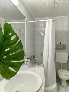 een badkamer met een wit toilet en een groene plant bij Sidra Hotel in Hydra
