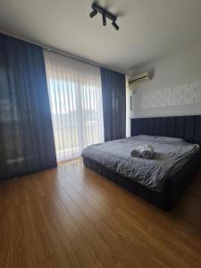 ein Schlafzimmer mit einem Bett und einem großen Fenster in der Unterkunft Apartment 06 in Gnjilane