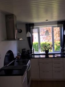 een keuken met een wastafel, een fornuis en een raam bij Motel Villa Søndervang 3 personers værelse in Harndrup