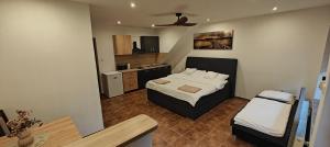 a small room with a bed and a kitchen at Parrot district apartments in Nové Zámky