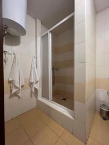 uma casa de banho com um chuveiro e uma porta de vidro em Apart hotel Asotel em Carcóvia