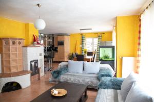 a living room with a couch and a fireplace at Ferienwohnung Viola mit Wallbox in Schneverdingen