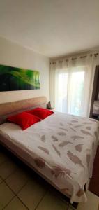 1 dormitorio con 1 cama con almohada roja en Les Jardins - 4 pers - 10 min Plage - Mandelieu, en Mandelieu-la-Napoule