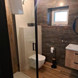 a bathroom with a toilet and a window at Karłowy Las in Milicz +24 photos