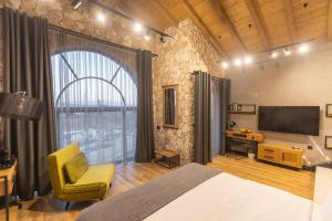 1 dormitorio con 1 cama, TV y silla en Villa Sintica en Sandanski