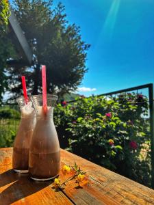ヴィソコにあるBungalows Old Townの木製のテーブルの上に置かれたガラスの花瓶に入った2つの飲み物