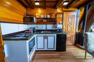 a kitchen with a stove and a sink in a cabin at Sítio Mar de Nuvens Chalés no Morro da Igreja Urubici in Urubici
