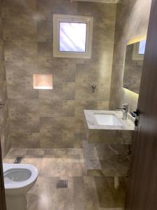 a bathroom with a toilet and a sink and a window at درة العزيزية للشقق المفروشة in AlUla +17 photos