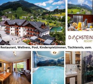 kolaż zdjęć ośrodka w obiekcie Wellness- und Familienhotel Dachsteinresort w mieście Rußbach am Paß Gschütt