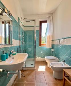 a bathroom with a sink and a toilet and a shower at Relais Piano Valle in Pollutri