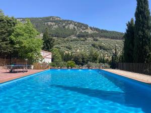 una gran piscina azul con una montaña en el fondo en Finca Rural La Calderera en Valdepeñas de Jaén