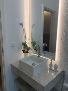 een badkamer met een wastafel en een spiegel bij Suíte completa próximo a Capitólio e Canastra in Piuí