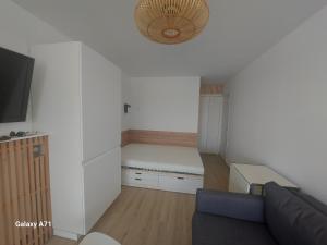 uma pequena sala de estar com um sofá e uma televisão em Studio vue port à 50m plage em Carnon-Plage mais 2 fotografias