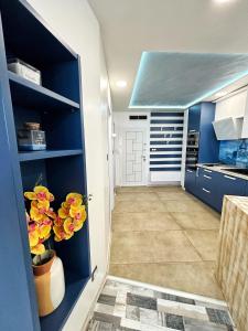a kitchen with blue cabinets and a blue door at The Captain in Varna City