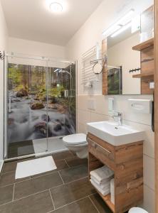łazienka z prysznicem, toaletą i umywalką w obiekcie Wellness- und Familienhotel Dachsteinresort w mieście Rußbach am Paß Gschütt