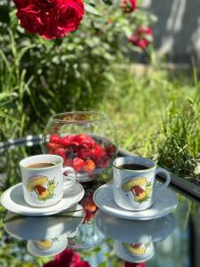 zwei Tassen Kaffee und eine Schüssel Beeren auf einem Glastisch in der Unterkunft Tamari See in Dedoplis Tskaro