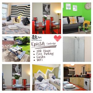 eine Collage mit Bildern eines Wohnzimmers in der Unterkunft Epicsa - 3 Bedroom Family & Corporate Stay, Garden and FREE parking in Cambridge