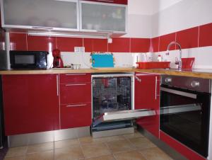 una cucina con armadi rossi e lavastoviglie di Apartmán Rezidence Čertovka 2121 free parking garage a Karlovy Vary