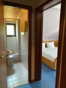 a bathroom with a bedroom with a bed and a shower at Gasthaus "Zur frischen Quelle" in Laubach