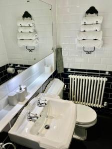 W łazience znajduje się umywalka, toaleta i lustro. w obiekcie Atlantis Holiday Apartments w mieście Torquay
