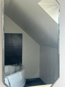 een badkamer met een bad en een spiegel bij La vigie d'Héloïse, appartement de l'Aod in Lampaul