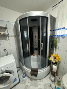 a shower in a bathroom with a washing machine at Apartment Deluxe Holiday in Bihać