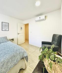 1 dormitorio con 1 cama, 1 silla y 1 planta en Jaque Mate Hostel en Mendoza