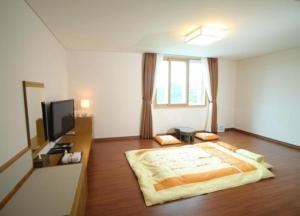 1 dormitorio con 1 cama grande y TV en Yeosu Narsha Hotel, en Yeosu
