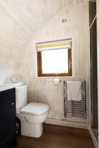a bathroom with a white toilet and a window at North Coast 500 Pods - Brora in Brora