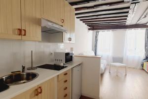 ラ・フェルテ・スー・ジュアールにあるCharmant studio coup de cœur Disneyのシンクと電子レンジのある小さなキッチン +11枚の写真