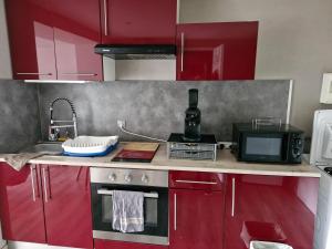 Una cocina con gabinetes rojos y un microondas. en Joli studio une pièce 15min à pied centre dEpinal 4 personnes grâce au canapé lit, parking privé gratuit et parking extérieur gratuit Machine à laver TV wifi machine à café linge de lit et serviettes fournis, en Chantraine
