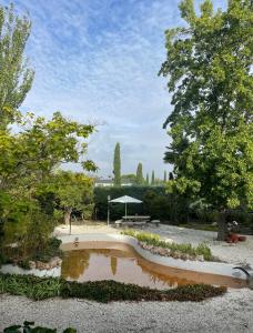 a pond in the middle of a park with trees at Espléndido dormitorio en Suite in Fuente el Saz