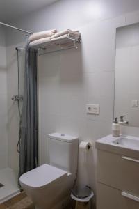 biała łazienka z toaletą i umywalką w obiekcie Hostal Rural Iratiko Urkixokoa w mieście Orbaitzeta
