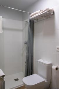 La salle de bains est pourvue d'une douche et de toilettes. dans l'établissement Hostal Rural Iratiko Urkixokoa, à Orbaiceta