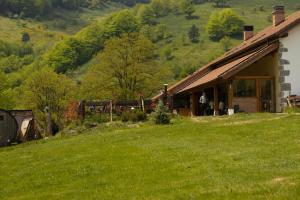 a man standing outside of a house in the grass at Hostal Rural Iratiko Urkixokoa in Orbaiceta