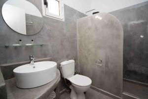 a bathroom with a sink and a toilet and a mirror at Sklavadi Vineyard House in Kamari +14 photos